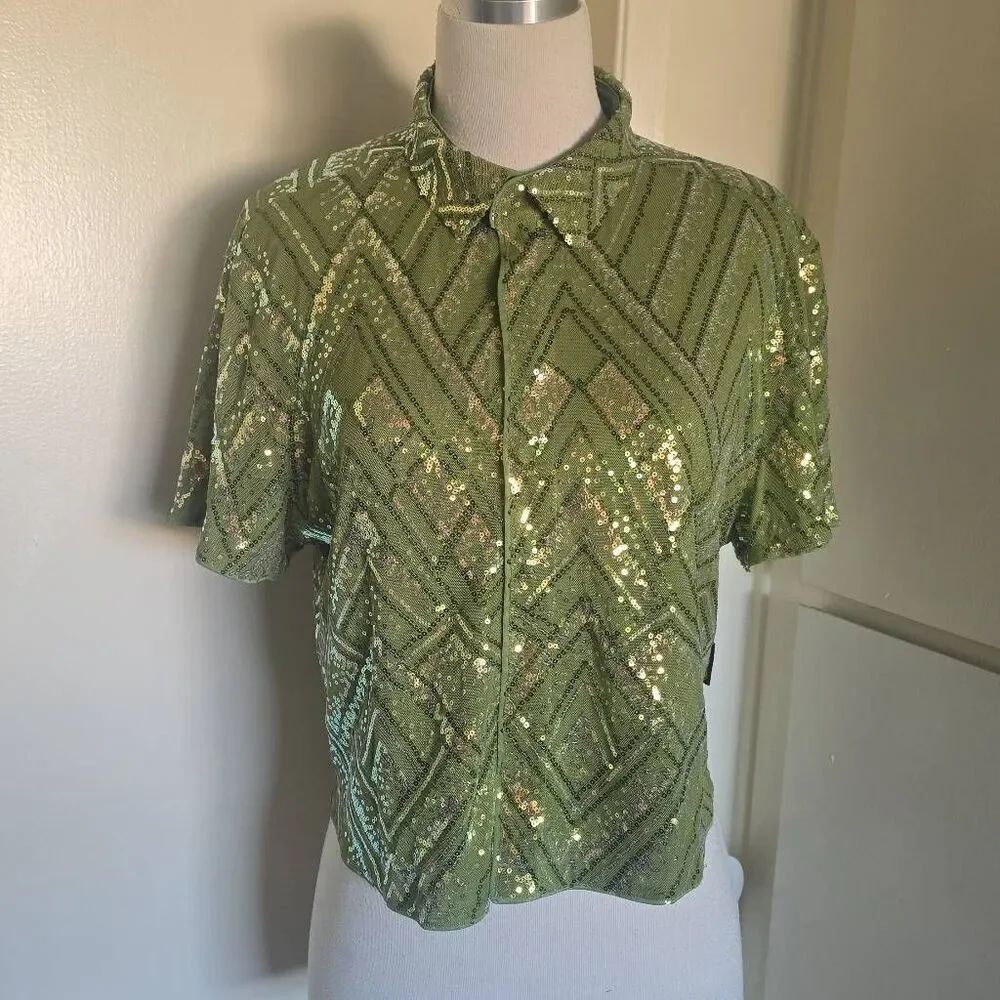 Fever City Unisex Olive/Grn/Gold Snap Frt. Sequin Shirt, Short Slv. Sample, NWOT